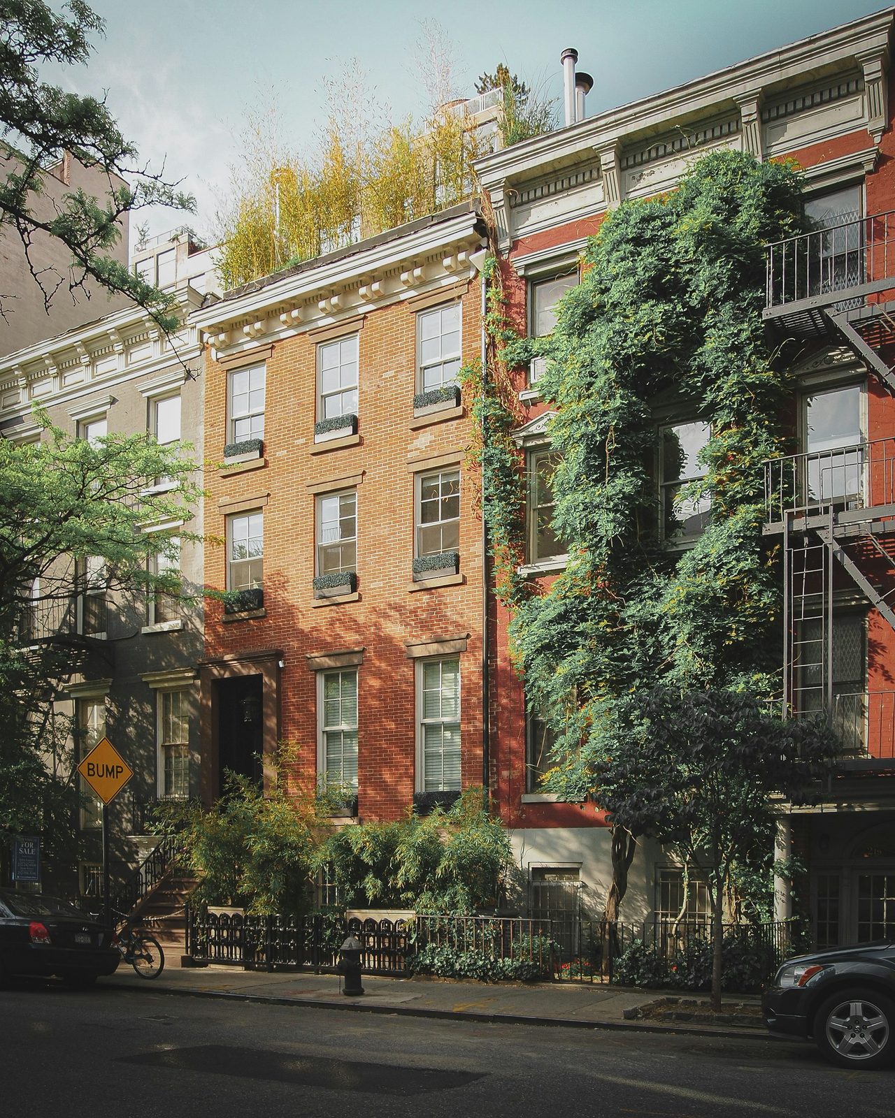 A brick apartment building covered in climbing ivy, with a fire escape and a parked car on a quiet street