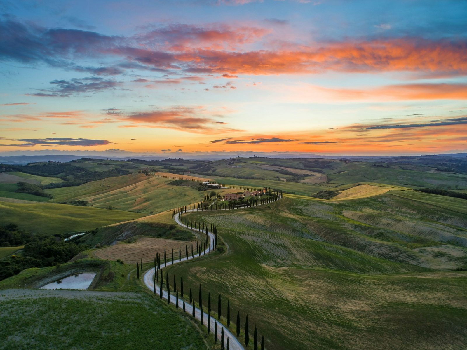 Green hills under a sunset sky with a winding road lined with cypresses